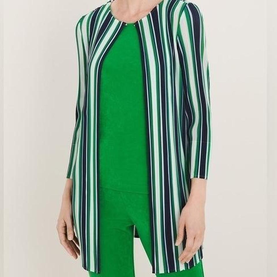 Chicos Travelers Green Navy White Striped Longline Cardigan Size 2 Us 12/14